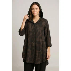 I.C. by Connie K Womens S Button Up Tunic Top Hooded Pockets Relaxed Lagenlook - Picture 1 of 13