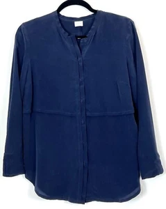 Poetry 100% Silk Button Up navy Blue Blouse Size 6 collarless - Bild 1 von 6