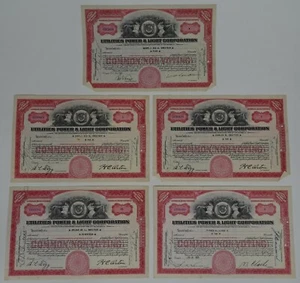 Lot 5 Common Stock Certificates Utilities Power Light Corporation Chicago 1930s - Picture 1 of 12