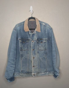 Vintage Wrangler Herren L/XL Distressed Cord Kragen Decke Gefüttert Jeansjacke - Bild 1 von 13