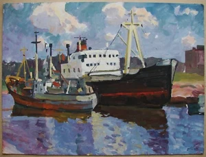 Ukrainian Soviet USSR gouache Painting seascape ships Baltic Sea fishing boat - Picture 1 of 7