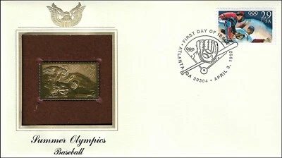 Olympic Baseball Atlanta USA Sport Golden Gold 22k Plated Stamp FDC 1992 - Image 1 of 2