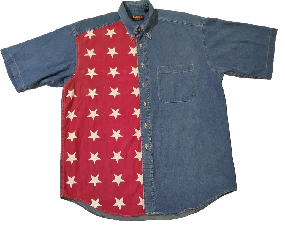 Tango By Max Raab Button Down Shirt Denim Short Sleeve Red White Star Mens Large - Image 1 of 4