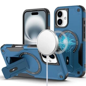 iPhone 16 6.1 inch Sturdy Bracket Kickstand Magnetic Hybrid - Blue Cover Case - Picture 1 of 5