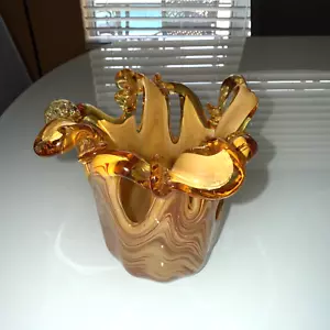 MURANO ART WORK FATTO A MANO in ITALIA Vaso Cristallo Fiamma Ambra 5,5"T x 5,5"W~OTTIME CONDIZIONI - Foto 1 di 9