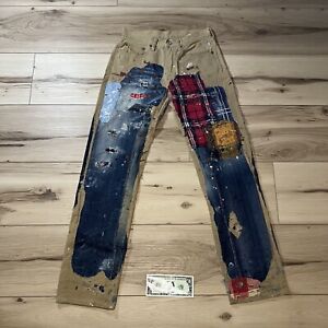 Kapital Patchwork Distressed Ripped Splatter Denim Jeans Size 29 Vintage Khaki
