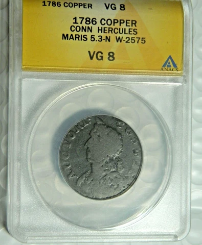 1786 CONN COPPER HERCULES HEAD ANACS VG8 MARIS 5.3-N W-2575 SCARCE  COLONIAL Cover