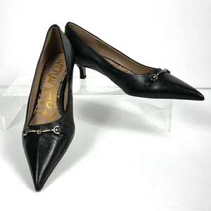 Black Leather Horsebit Pumps Sz 7.5 Sam Edelman Pointed Kitten 1.5” Heel Women’s - Picture 1 of 13