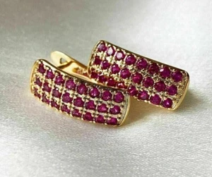 2 Ct Round Cut Created Pink Ruby Hoop Women's Earrings 14K Yellow Gold Plated - Picture 1 of 4