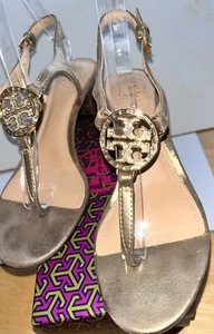 Tory Burch VIOLET 45mm crystal T strap leather PLATINUM METALLIC Sandals Sz 7 - Picture 1 of 13