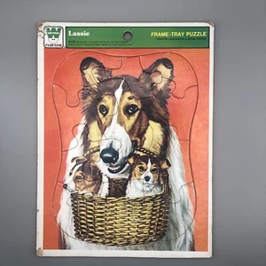 Vintage Lassie Puzzle Basket Of Puppies Collie Collies 1973 Frame Tray Whitman - Picture 1 of 10