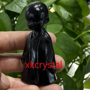 3" Natural Obsidian Cartoon character Quartz Crystal Skull Carving healing 1pc - Foto 1 di 5