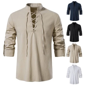 Renaissance Men Knight Medieval Viking Pirate Costume Lace Up Tops Cosplay Shirt - Picture 1 of 13