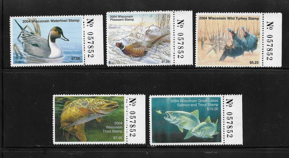 State Hunting/Fishing Revenues: WI 2004; Duck/P/WT/T/GL; Set/5 w/Matched #s; MNH - Image 1 of 1