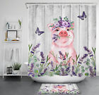 Butterfly Purple Lavender Pink Cute Pig Shower Curtain Bathroom Accessories Set