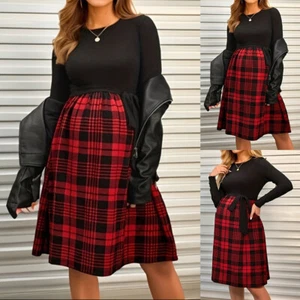 Pregnant Womens Maternity Tartan Check Midi Dress Nursing Breastfeeding Dresses - Picture 1 of 14
