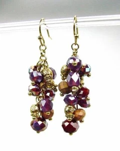 UNIQUE Victorian Antique Gold Beads Purple Crystals Cluster Dangle Earrings - Picture 1 of 3