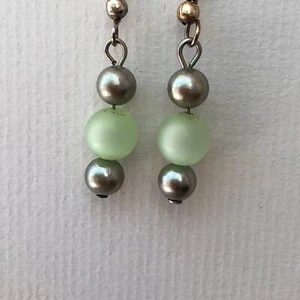 Upcycled Earrings Green and Gray Dangle Statement Hook Faux Pearls Handmade Gift - Picture 1 of 5