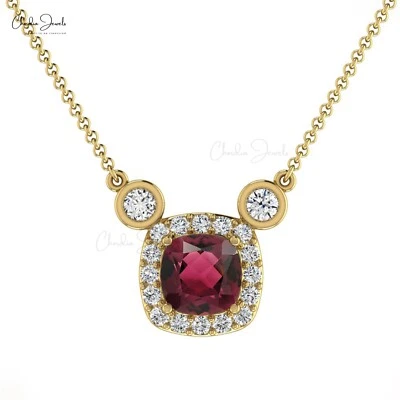 Collar Cojín Turmalina Rosa Oro 14k 4mm Halo Diamante Joyería Fina Regalo Foto 1 de 4