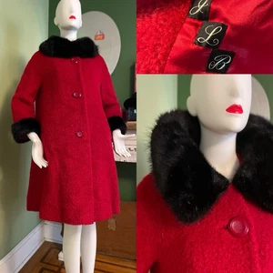 Vintage MCM Red Textured Wool / Fur Collar Cuffs Swing Car Coat 3/4 Slvs L X 42 - Picture 1 of 8