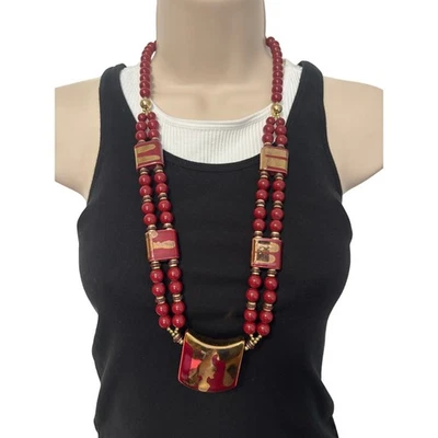 Collar grueso para mujer con cuentas de oro borgoña BOHO vintage artístico único Foto 1 de 4