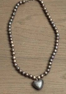 Vintage 925 Sterling Perle Kugel geätzt aufgeblähtes Herz 18" Halskette Italien - Bild 1 von 14