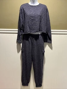 BCX Women’s Jogger Navy Blue Set Crop LS Sweatshirt Inside Out Sz M - Picture 1 of 11