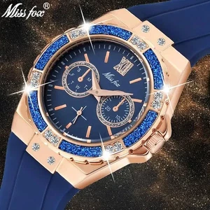 Reloj deportivo Miss Fox 2593 para mujer de oro rosa azul diamante simulado - Imagen 1 de 5