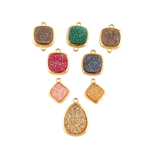 Multi Color Coated Druzy Yellow Gold Plated DIY Jewelry Connectors Lot 8 Pcs - Picture 1 of 3