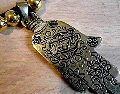 GROSSER 7cm gravierter Messing Hamsa Anhänger/Hand von Fatima 36" Halskette & Goldperlen - Bild 1 von 4