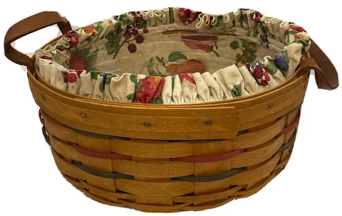 Vintage 1995 Longaberger Large Basket w/protector and fruit cloth liner SEE PICS Cover