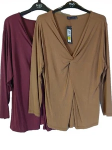 Top elástico M&S cuello en V tacto suave manga 3/4 rojo claret o tostado talla 16 22 nuevo con etiquetas - Imagen 1 de 8