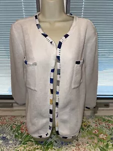 Nic + Zoe Women White Open Front Cardigan Sweater Jacket XL Blue Yellow Trim New - Picture 1 of 4
