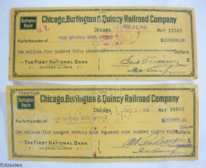 (2) 1945 Chicago Burlington Quincy Railroad Company $1.5M Dollar Cancelled Check - Picture 1 of 7