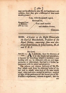 A Letter concerning some new electrical Experiments, by John Canton - 1754 - Bild 1 von 3