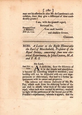 A Letter concerning some new electrical Experiments, by John Canton - 1754 - Image 1 of 3