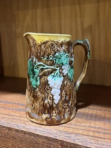 Antique Small Majolica Pottery Pitcher Creamer Brown Grape Vines Appx 6” CRACK - Picture 1 of 12