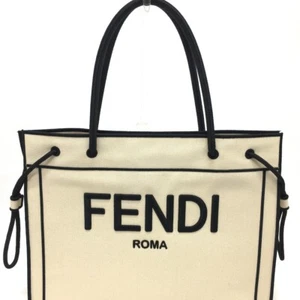 FENDI 8BH379 Logo Rome Shopper Large Tote Bag Canvas Beige x Black - Picture 1 of 12