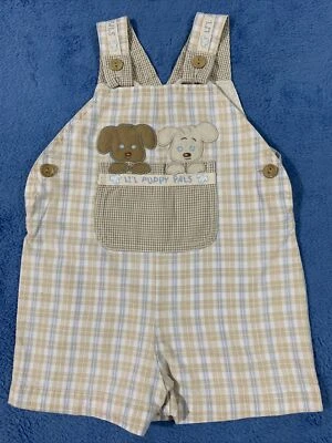 VINTAGE Shortalls Baby Togs Puppy Pals Applique 24 Month Toddler Boys Plaid - Image 1 of 4