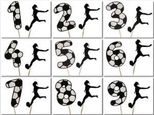 Women's SOCCER Glitter Print Design Birthday Cake Topper 5.5" Tall Choose Number - Picture 1 of 22