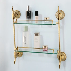 Luxury Gold Bathroom Wall Mount Shower Gel Shampoo Storage Glass Shelf 2 Layer - Picture 1 of 12
