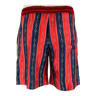 $950 New GUCCI Shorts Mens 44 Red Blue Silk Viscose Stripe Horsebit Italy - Image 1 of 4