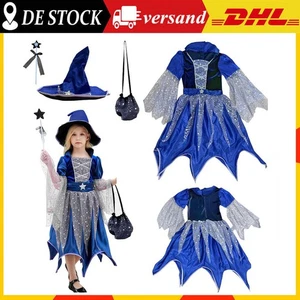 Kinder Mädchen Halloween Hexen Party Kostüm Cosplay Fancy Kleid & Hut,Tasche Set - Bild 1 von 26