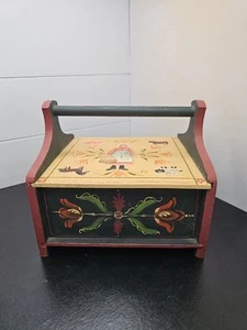 Vintage Folk Art Tole Painted Wooden Sewing Thread Storage Box with Handle - Picture 1 of 19