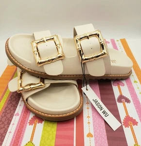 Jason Wu Sandals Cream Bamboo Gold Buckle Size 7.5 NWT Marzan-1 Slides Womens - Picture 1 of 11