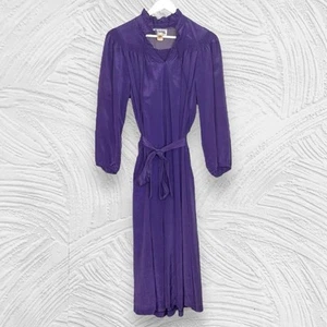 VTG 70s union made prairie cottagecore purple satin long sleeve ruffle dress L - Picture 1 of 8