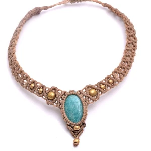 Handgefertigter natürlicher Amazonit Cabochon Böhmisches Makramee Halsband Kristall Halskette - Bild 1 von 9