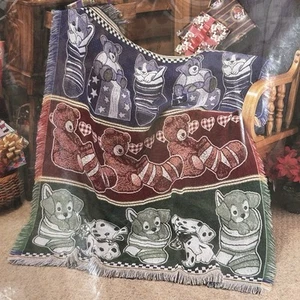 NEW Christmas Cat Bear Puppy Double Woven Jacquard Throw Vtg 1998 American Weave - Picture 1 of 11