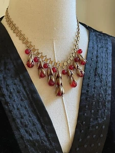 Ruby Red Dangle Flower Glass Beaded Brass Dangle Bookchain Deco Necklace - Picture 1 of 13