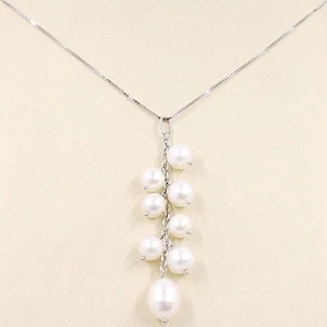 Collana De Oro Blanco 750 18K, Colgante Racimo, Perlas Blancas, Cadena Veneciana - Imagen 1 de 7